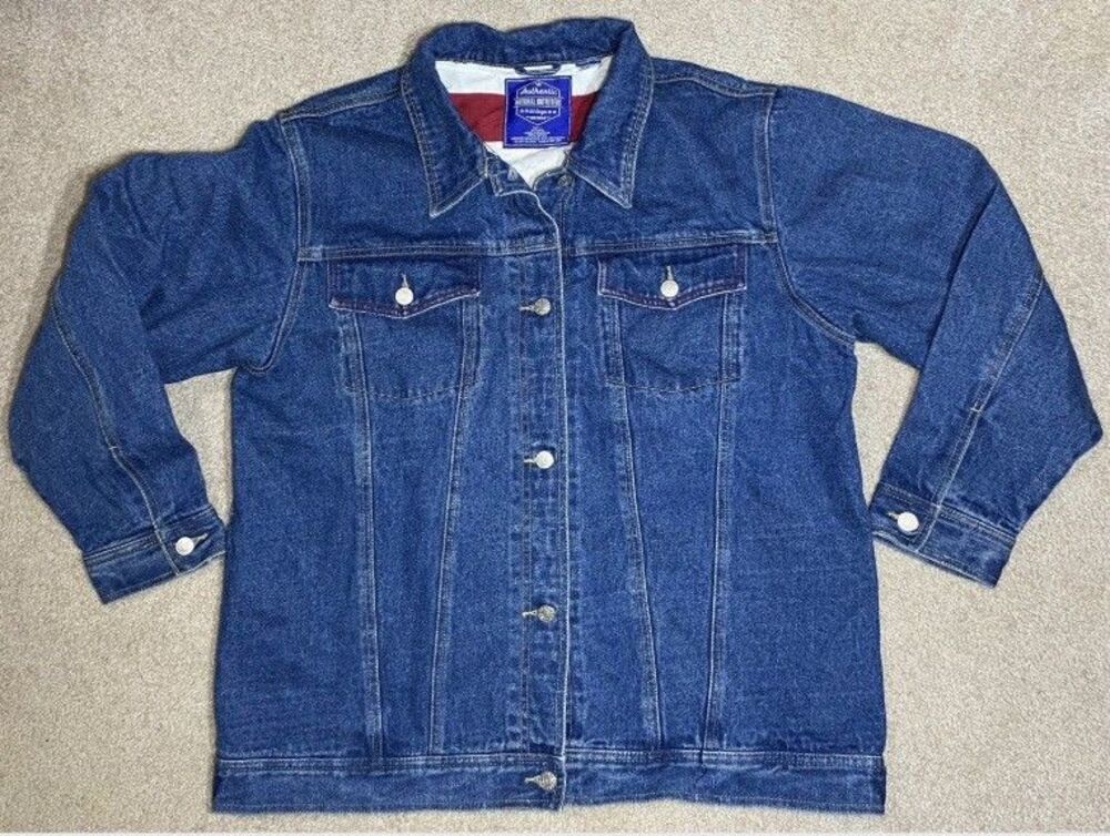 Vintage National Outfitters Denim Trucker Jacket Large US American Flag Lining